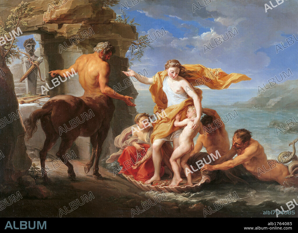 Thetis Entrusting Achilles to the Centaur Chiron, by Pompeo Girolamo Batoni, 1761 ante, 18th Century, oil on canvas, cm 102 x 138. Italy, Emilia Romagna, Parma, National Gallery. All. Centaur Chiron girl Thetis boy child Achilles niche rock bust statue Homer quiver bow lyre view sea two tritons. Authorization required for non editorial use.