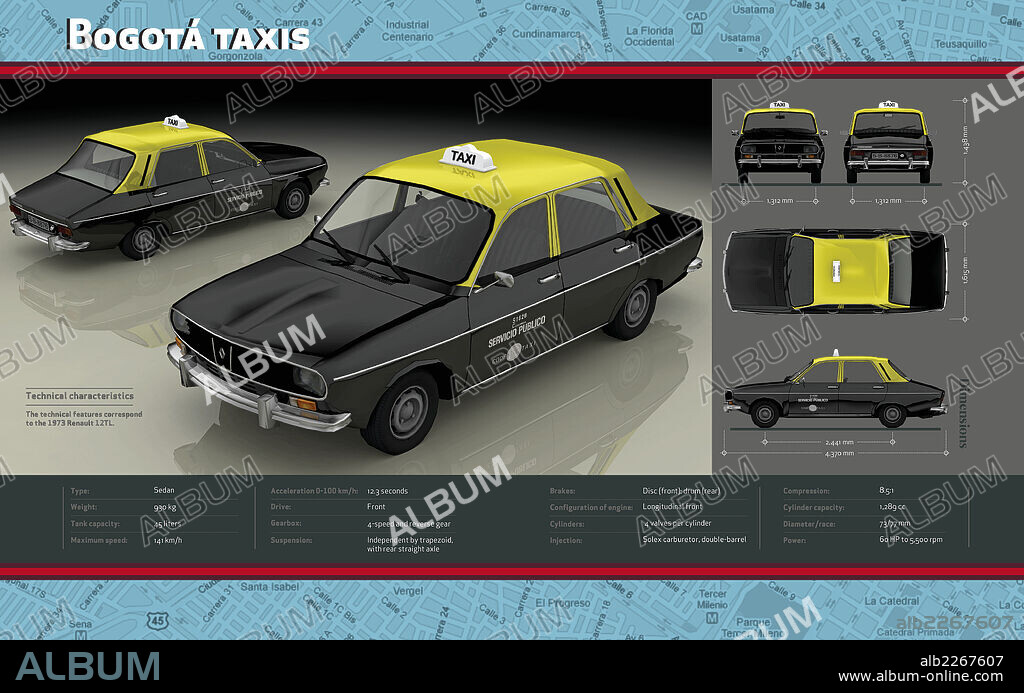 Bogota taxis. Infographic about the technical features of the 1973 Renault 12 TL, used as taxis in Bogota.