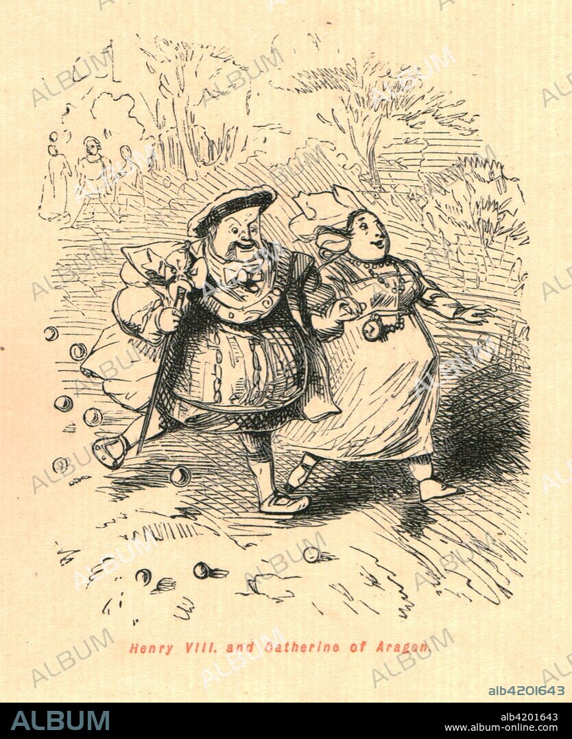'Henry VIII. and Catherine of Aragon', 1897. A portly King Henry VIII and his first wife, Catherine of Aragon, running. From "The Comic History of England" by Gilbert Abbott A Beckett, with satirical illustrations by John Leech. [Bradbury, Agnew & Co, London, 1897].