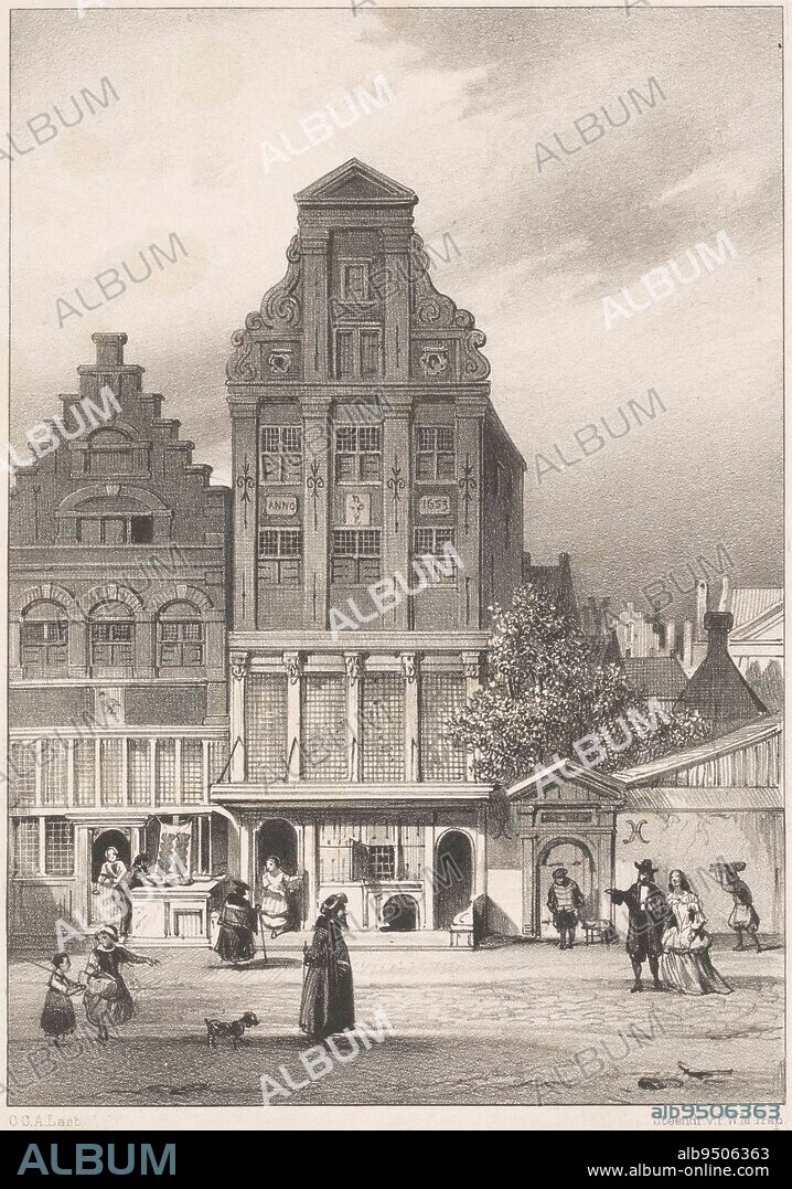 Rembrandt's House in Amsterdam, Carel Christiaan Antony Last, c. 1836 - 1876, Possibly the Rembrandthuis before the renovation in 1827/1828. The building was located at the then Sint-Anthonisbreestraat 60, the current Jodenbreestraat in Amsterdam., print maker: Carel Christiaan Antony Last, (mentioned on object), printer: Pieter Willem Marinus Trap, (mentioned on object), Leiden, c. 1836 - 1876, paper, h 240 mm × w 160 mm.