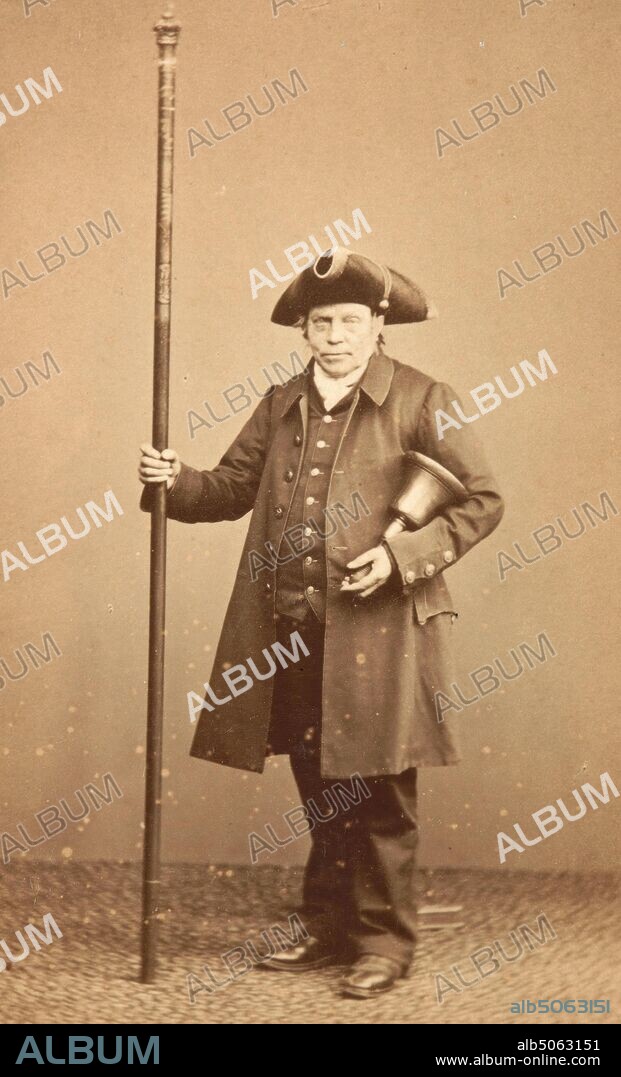 Jacob Wilson (1799-1882), Birmingham Town Crier, 1845-1882 photograph by H. J. Whitlock, Jacob Wilson was the last Birmingham town crier., Portrait, Photographic print, Male, Costume, Hat, Full-length, Bell, Costume, Waistcoat.