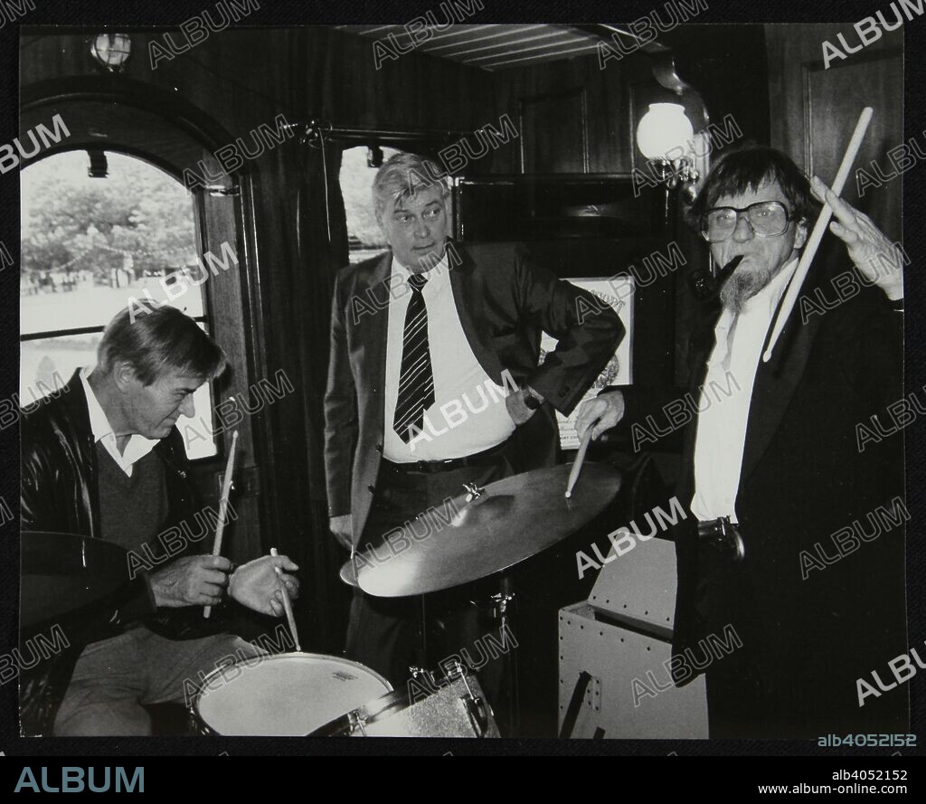 Drummers Jack Parnell and Barrett Deems, London, 1984.