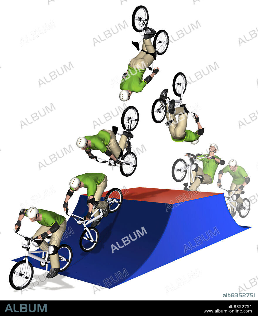 The competitor approaches the fun box at high speed. Standing on the pedals, he pulls the handlebars up as he leaves the obstacle. Arching his back and throwing his head back, he starts the rotation and keeps visual contact with the ground. His eyes spot the landing area. He lands with the front wheel in the transition zone with his legs almost straight to absorb his landing.