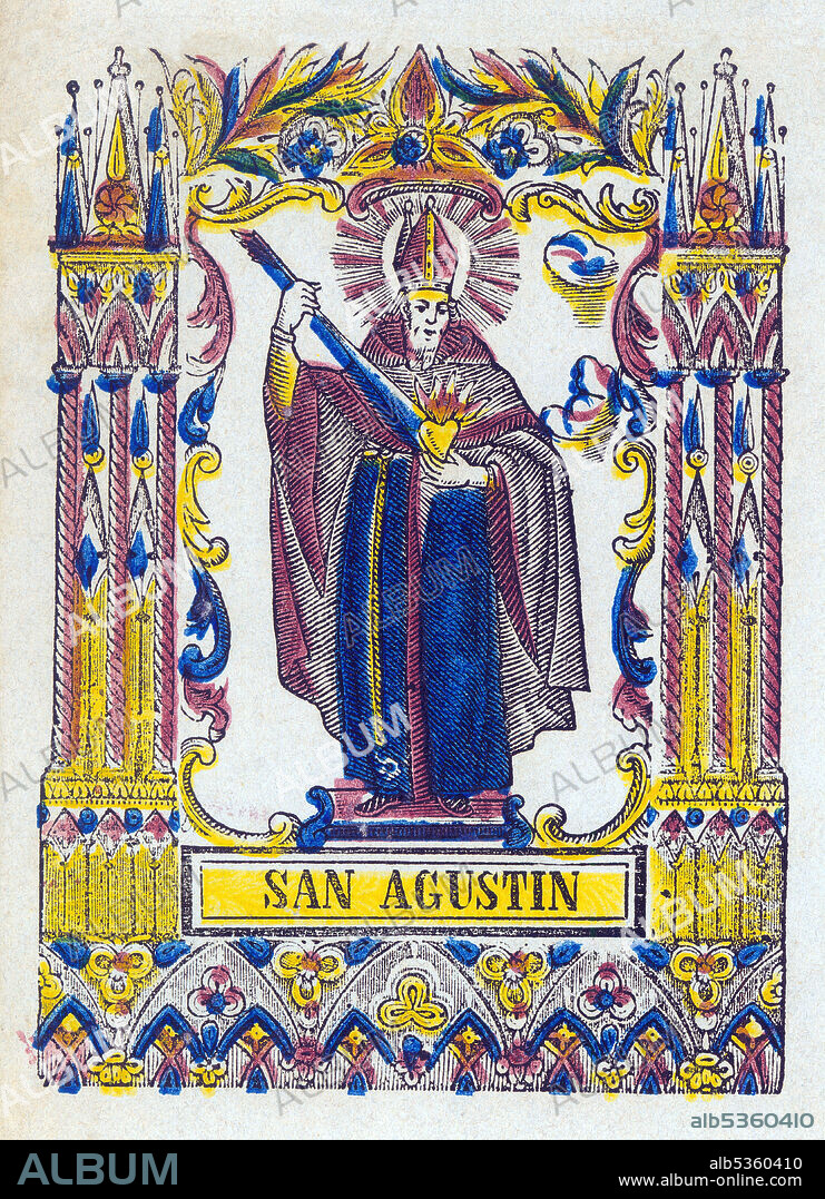 San Agustín de Hipona (354-430), obispo de Hipona y padre de la iglesia. Estamperia popular del siglo XIX pintado a mano.