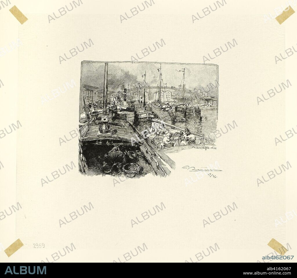 LOUIS AUGUSTE LEPERE. Villette Dock, plate five from Le Long de la Seine et des Boulevards. Louis Auguste Lepère (French, 1849-1918); published by A. Desmoulins (French, active c. 1908-1910). Date: 1890. Dimensions: 100 × 120 mm (image); 202 × 232 mm (sheet). Wood engraving in black on cream Japanese tissue. Origin: France.
