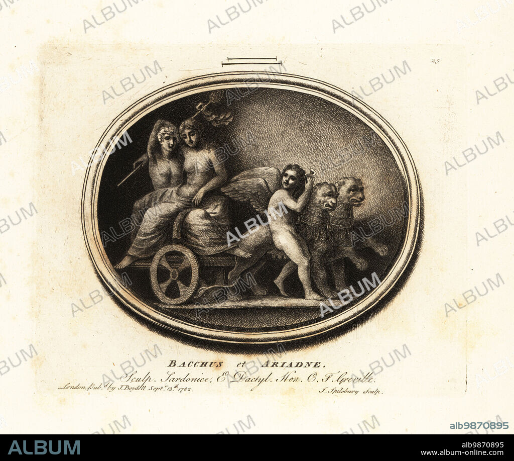 Ariadne sits in a chariot drawn by two winged cheetahs on the island of Naxos. Bacchus, Roman god of wine, with his thyrsus (pine-cone staff) supports her. Engraved on sardonyx and dactylotheca from the collection of the antiquarian Charles Francis Greville. Mezzotint copperplate engraving by John Spilsbury from his Collection of Fifty Prints from Antique Gems, John Boydell, London, 1785.