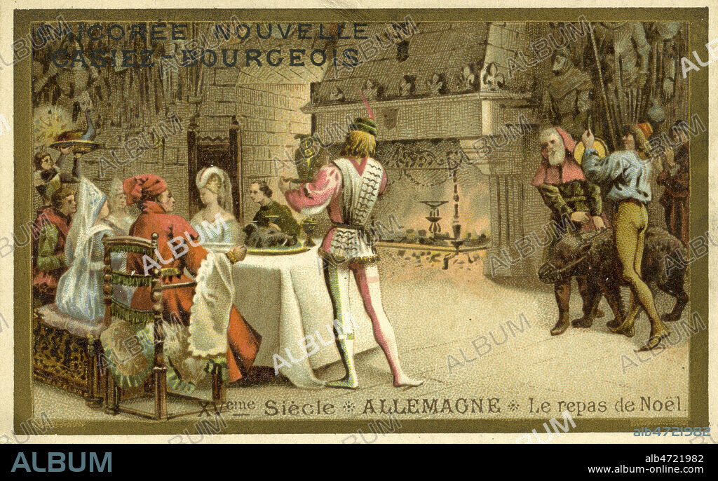 'XVeme siecle. Allemagne. Le repas de Noel'. Chromo publicitaire vers 1900. Illustration anonyme. Credit : Collection IM/KHARBINE-TAPABOR.