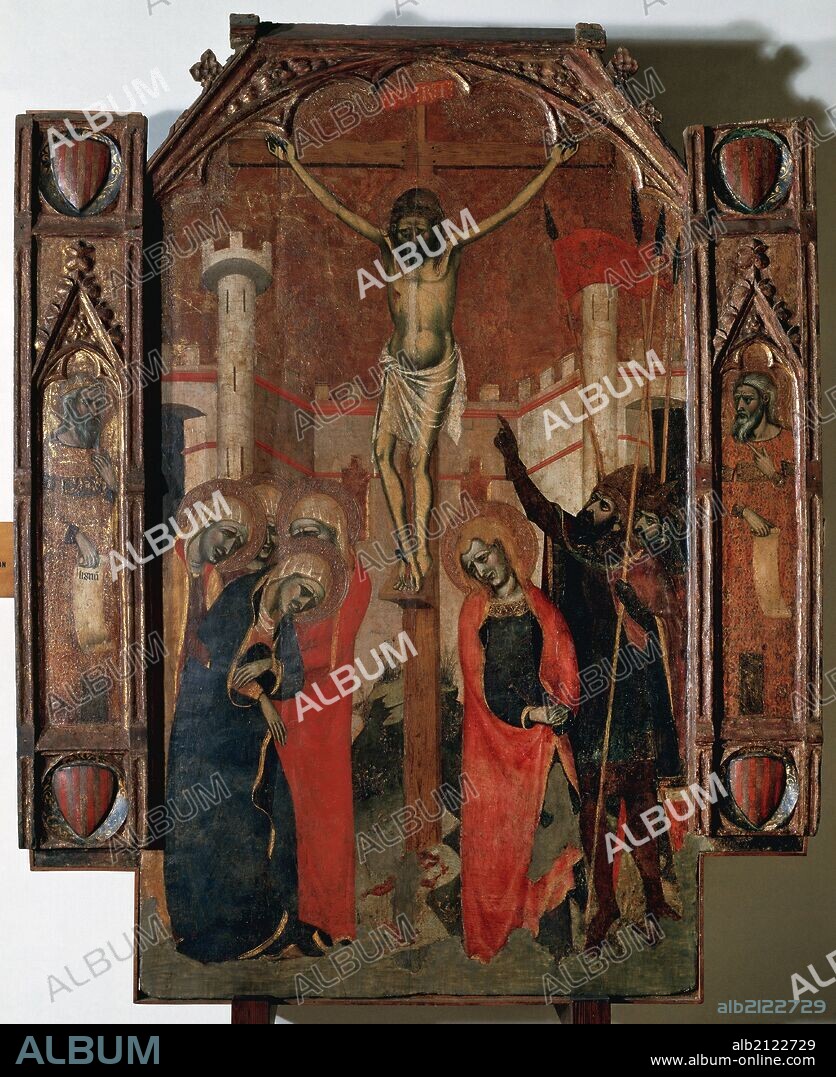 ARTE GOTICO. ESPAÑA. RAMON DESTORRENTS (Documentado a partir del año 1351). "LA CRUCIFIXION". Remate de la calle central del retablo mayor de La Almudayna. Encargado por el rey Pedro IV a Ferrer Bassa antes de su muerte en 1348 y concluido por Ramón Destorrents en 1358. Museo de Mallorca. Palma de Mallorca. Baleares.