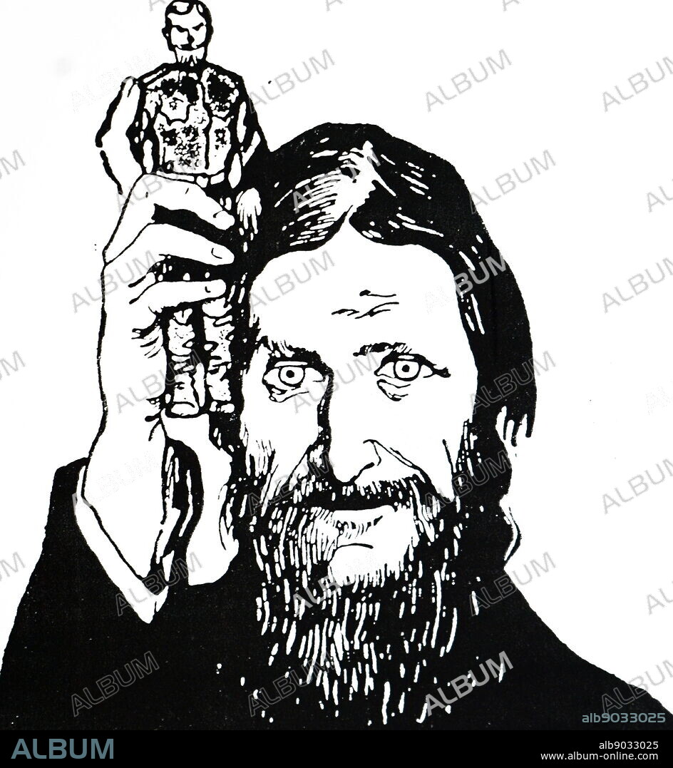 Caricature of Grigori Rasputin clutching Nicholas II. The cartoon is commenting on the control Rasputin holds over the royal family. Grigori Rasputin (1869-1916) a Russian mystic and self-proclaimed holy man who befriended the family of Tsar Nicholas II and gained considerable influence in late imperial Russia. Dated 20th century.