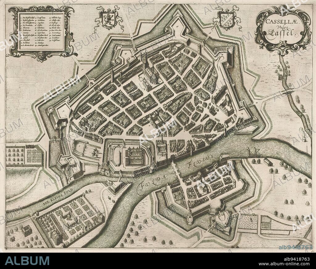 Map of Kassel, Cassellae vulgo Cassel (title on object), Map of Kassel in bird's eye perspective. Above, left of center, the coat of arms of Hesse. Above, right of center, the coat of arms of Kassel., print maker: anonymous, 1657 - 1728, paper, etching, engraving, height 416 mm × width 520 mm.