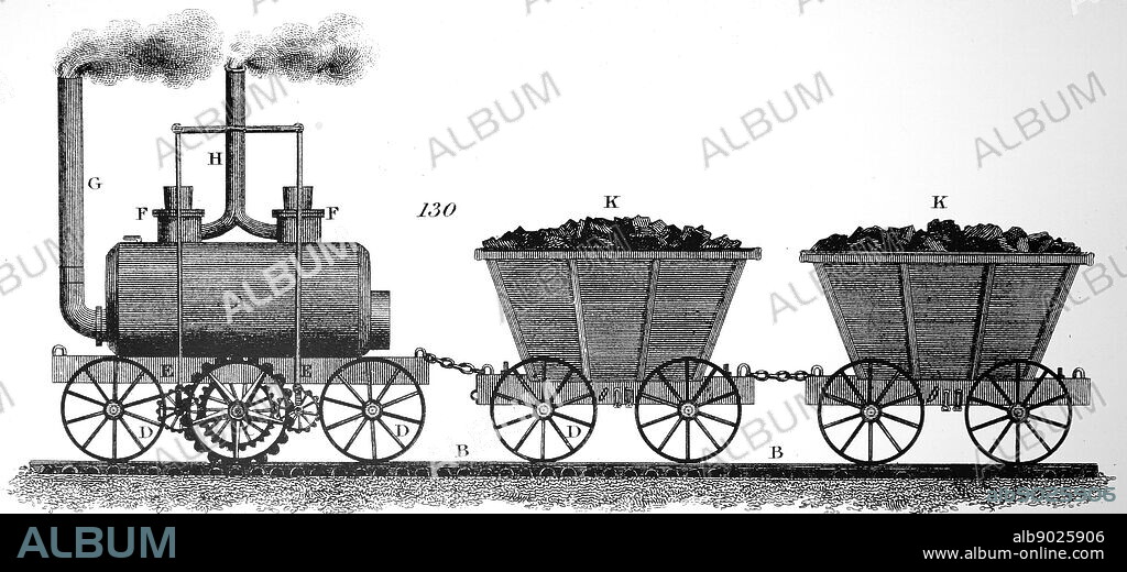 Engraving depicting Matthew Murray's steam locomotive built for John Blenkinsop used to haul coals from Middleton Colliery to Leeds in 1812. Matthew Murray (1765-1826) an English steam engine and machine tool manufacturer, who designed and built the first commercially viable steam locomotive, the twin cylinder Salamanca. John Blenkinsop (1783-1831) an English mining engineer and inventor of steam locomotives, who designed the first practical railway locomotive. Dated 19th century.