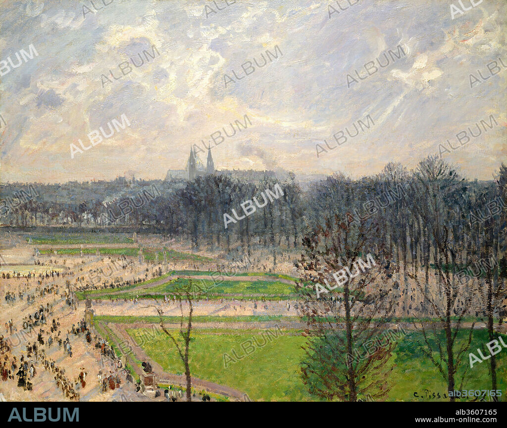 The Garden of the Tuileries on a Winter Afternoon. Artist: Camille Pissarro (French, Charlotte Amalie, Saint Thomas 1830-1903 Paris). Dimensions: 28 7/8 x 36 3/8 in. (73.3 x 92.4 cm). Date: 1899.
Pissarro rented a large apartment at 204 rue de Rivoli in Paris for the first half of 1899. From its windows facing the Jardin des Tuileries, he painted six views of the garden (including this work and two others in the Metropolitan), in which the twin steeples of the church of Sainte-Clotilde punctuate the vast expanse of sky. Attentive to changes in light, atmosphere, and climate, as well as to the comings and goings of strollers, at different times of day and seasons of the year, Pissarro was able to extract a variety of pictures from a single site.
