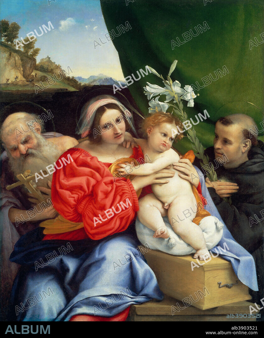 LORENZO LOTTO. Virgin and Child with Saints Jerome and Nicholas of Tolentino. Date/Period: 1523 - 1524. Painting. Oil on canvas. Height: 943 mm (37.12 in); Width: 778 mm (30.62 in).
