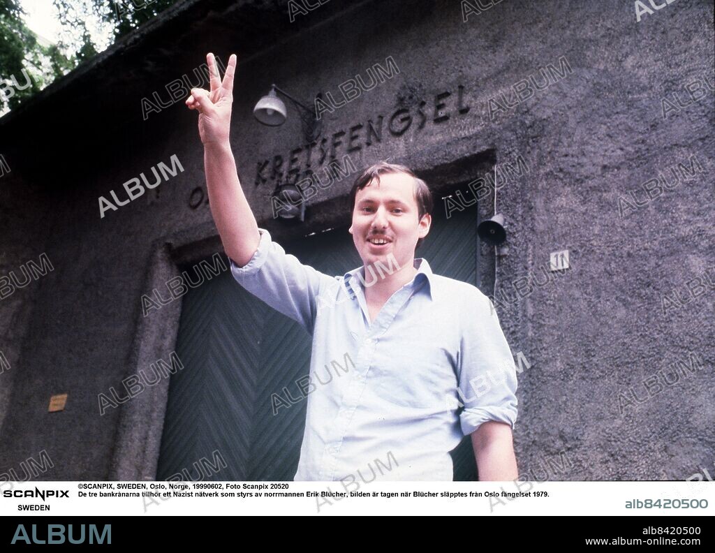 ©SCANPIX, SWEDEN, Oslo, Norge, 19990602, Foto Scanpix 20520. De tre bankrånarna tillhör ett Nazist nätverk som styrs av norrmannen Erik Blücher, bilden är tagen när Blücher släpptes från Oslo fängelset 1979.