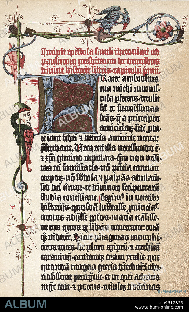 JOHANNES GUTENBERG. Page from Gutenberg's Bible, c1455. Johann Gutenberg (c1398-1468) is regarded as the inventor of movable type. In 1455 he produced the first large printed book, the 'Gutenberg Bible'.