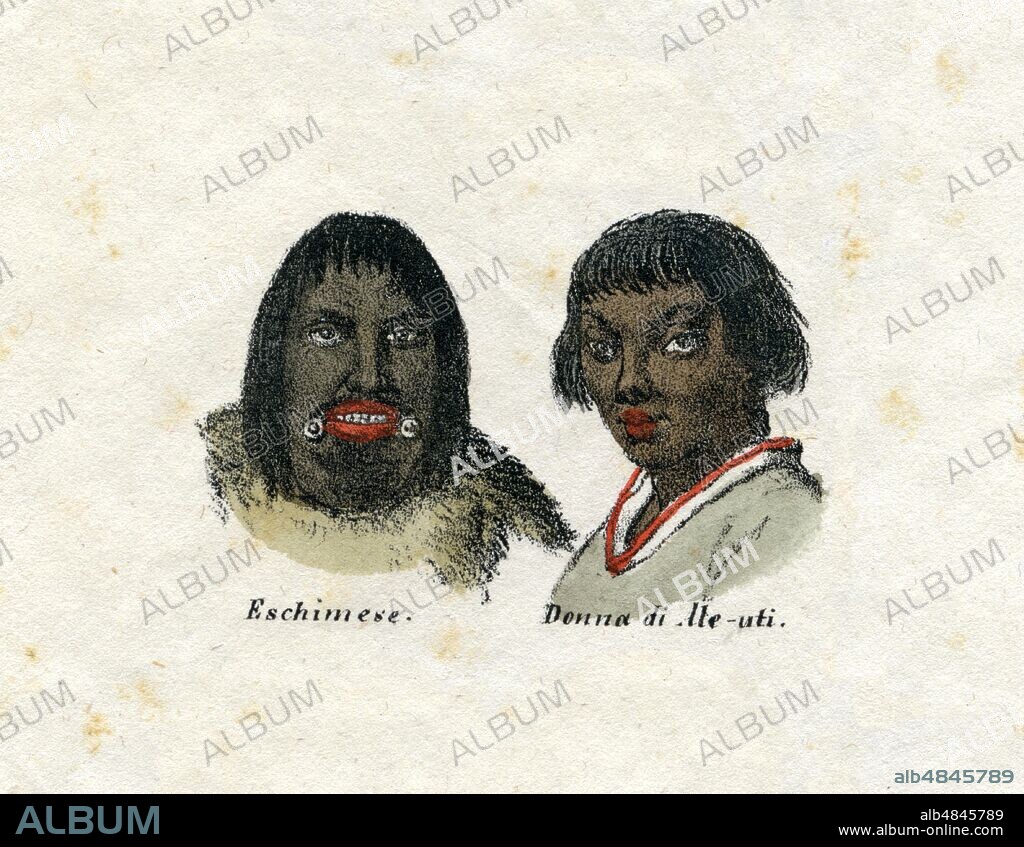 HUMAN RACES 'American race, Eskimo, Woman of Ate-uti'. Original caption drawn up according to the nineteenth-century concept of 'race', which although it remains in the common language is considered scientifically overcome in the late following century, and better defined by the term considered even more politically correct than 'ethnicity' or 'phenotype', depending on the context. Detail from table V, 'Overview of all the races of the globe and their style of dressing', from 'La Geografia at a glance', Lithograph Corbetta, Milan, 1853.