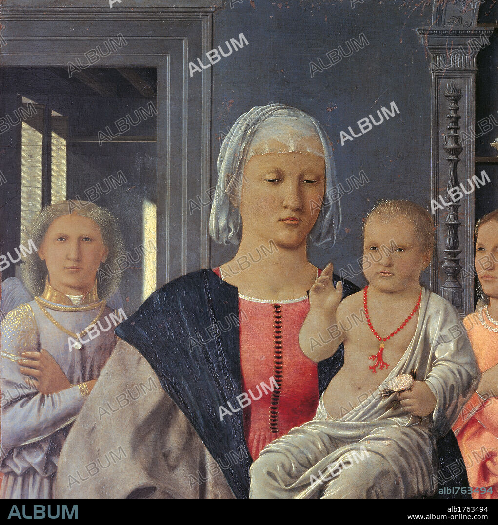 Virgin with Child Giving His Blessing and Two Angels (The Senigallia Madonna), by Pietro di Benedetto dei Franceschi known as Piero della Francesca, 1478-1480 about, 15th Century, oil and tempera on walnut panel, cm 61 x 53,5. Italy, Marche, Pesaro Urbino, Urbino, Marche National Gallery, gi nella Chiesa di Santa Maria delle Grazie a SenigalliaItaly. This delightful panel was probably commissioned by Federico da Montefeltro and was brought to Senigallia as a gift from the duke to his daughter, Giovanna Feltria, to celebrate her marriage to Giovanni della Rovere, lord of Senigallia and nephew of Pope Sixtus IV. Detail. Virgin Mary veil mantle cloak Baby Child blessing necklace coral pink angels domestic interior furniture shelf basket wickerwork cloths linen. Authorization required for non editorial use.