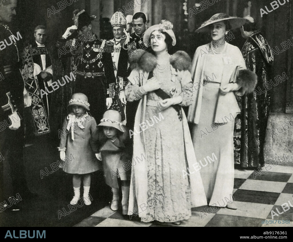 Silver Jubilee of George V and Queen Mary, 6 May 1935, (1947). Service of Thanksgiving at St Paul's Cathedral. The Duke and Duchess of York, (later King George VI and Queen Elizabeth), with Princess Elizabeth (future Queen Elizabeth II) and her younger sister Princess Margaret Rose. Also pictured are the Duke and Duchess of Kent, and the Bishop of London. From "Princess Elizabeth: The Illustrated Story of Twenty-one Years in the Life of the Heir Presumptive", by Dermot Morrah. [Odhams Press Limited, London, 1947].