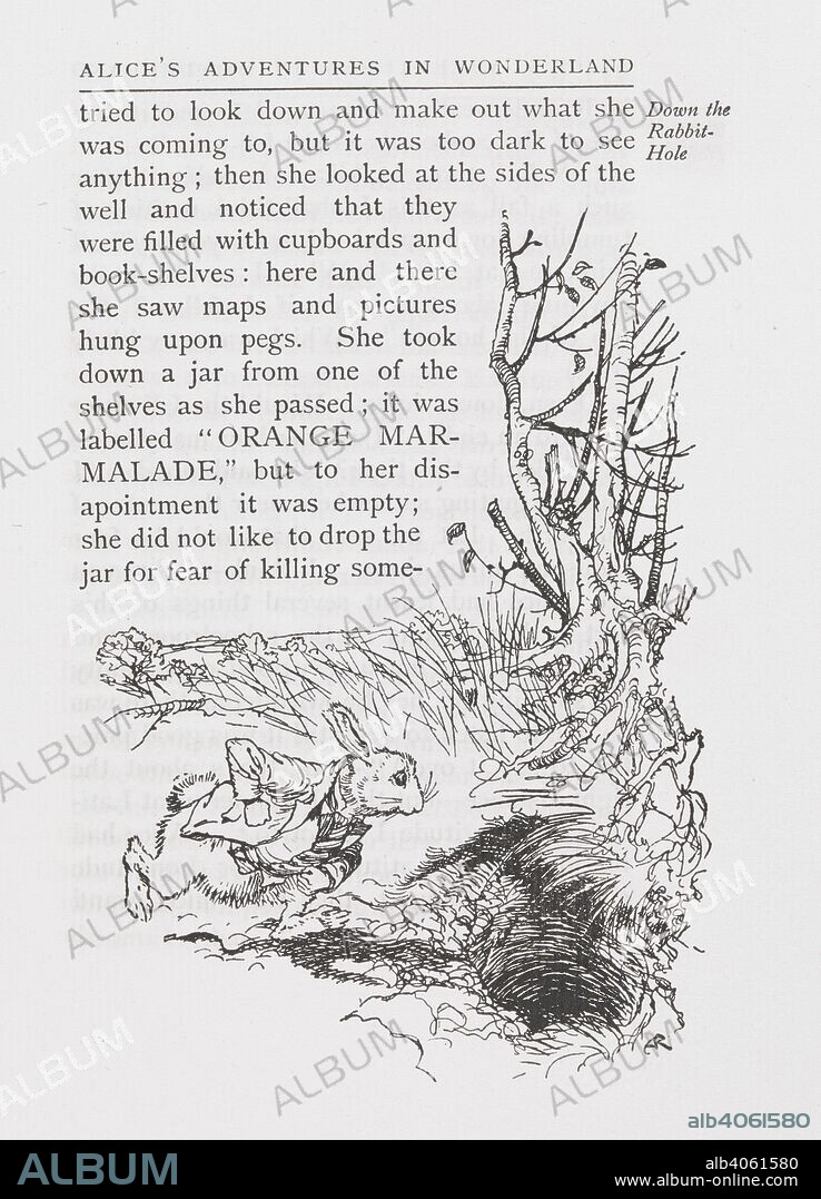 ARTHUR RACKHAM and LEWIS PSEUD. [I. E. CHARLES LUTWIDGE DODGSON] CARROLL. The White Rabbit about to go down a rabbit hole. Alice's adventures in Wonderland. London : William Heinemann ; New York : Doubleday, Page & Co., [1907]. Source: K.T.C.105.b.1, page 3. Language: English.