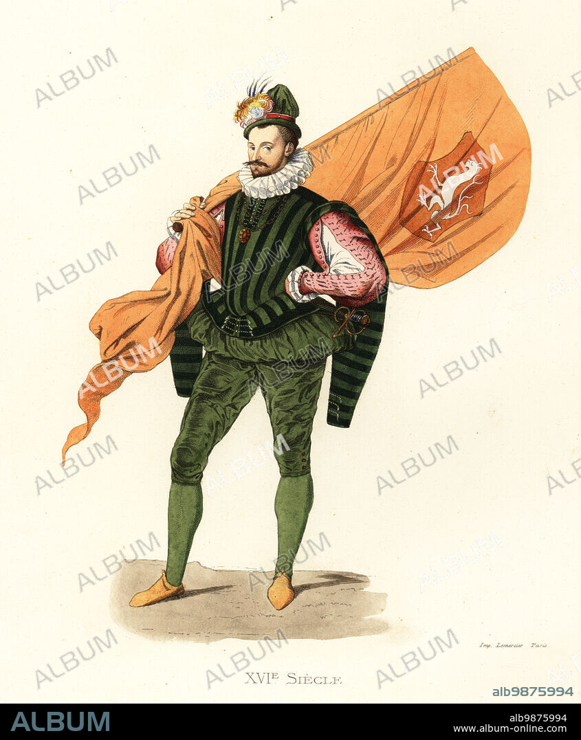 German noble standard-bearer, 16th century. He wears a green doublet in silk and velvet, justaucorps, silk breeches, slashed scarlet sleeves, muslin ruff collar. Allemagne, Porte-Enseigne. After an oil painting of the era. Handcolored lithograph after an illustration by Edmond Lechevallier-Chevignard from Georges Duplessis's Costumes historiques des XVIe, XVIIe et XVIIIe siecles (Historical costumes of the 16th, 17th and 18th centuries), Paris, 1867. Edmond Lechevallier-Chevignard was an artist, book illustrator, and interior designer.