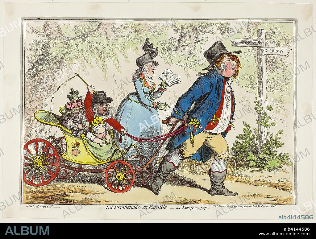 La Promenade en Famille- A Sketch from Life. James Gillray (English, 1756-1815); published by Hannah Humphrey (English, c. 1745-1818). Date: 1797. Dimensions: 240 × 360 mm (image); 255 × 365 mm (plate); 285 × 405 mm (sheet). Hand-colored etching on paper. Origin: England.