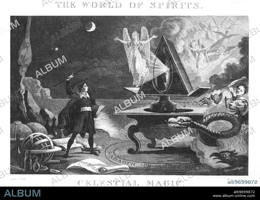 BLACK MAGIC. Aquatint engraving by Read of a drawing by Fussell depicting a magician standing before a magic circle within which is an elaborate circular mirror or lens, from which emerges a conjured angel (presumably Raphael). Behind the mirror are a number of demons and monsters, and in the air angelic beings. Outside the circle (marked with the magical angel-name, Sabaoth) there are the four Elements - the Water (sea), Air, Earth, and Fire (the burning brazier at the feet of the magician.