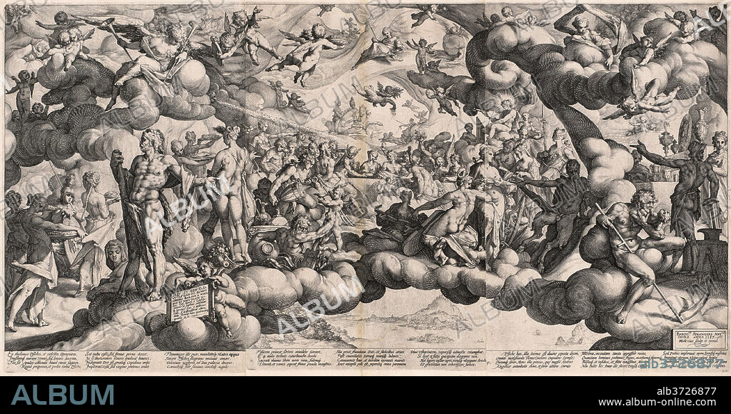 HENDRIK GOLTZIUS AFTER BARTHOLOMAEUS SPRANGER. The Wedding of Cupid and Psyche. Dated: 1587. Dimensions: image: 43.7 x 85.7 cm (17 3/16 x 33 3/4 in.)  sheet: 46.5 x 87.8 cm (18 5/16 x 34 9/16 in.)  Overall (left pl): 43.7 x 28.6 cm (17 3/16 x 11 1/4 in.)  overall (center pl): 43.4 x 28.3 cm (17 1/16 x 11 1/8 in.)  overall (right pl): 43.6 x 28.6 cm (17 3/16 x 11 1/4 in.). Medium: engraving from three plates printed on three sheets of attached laid paper.
