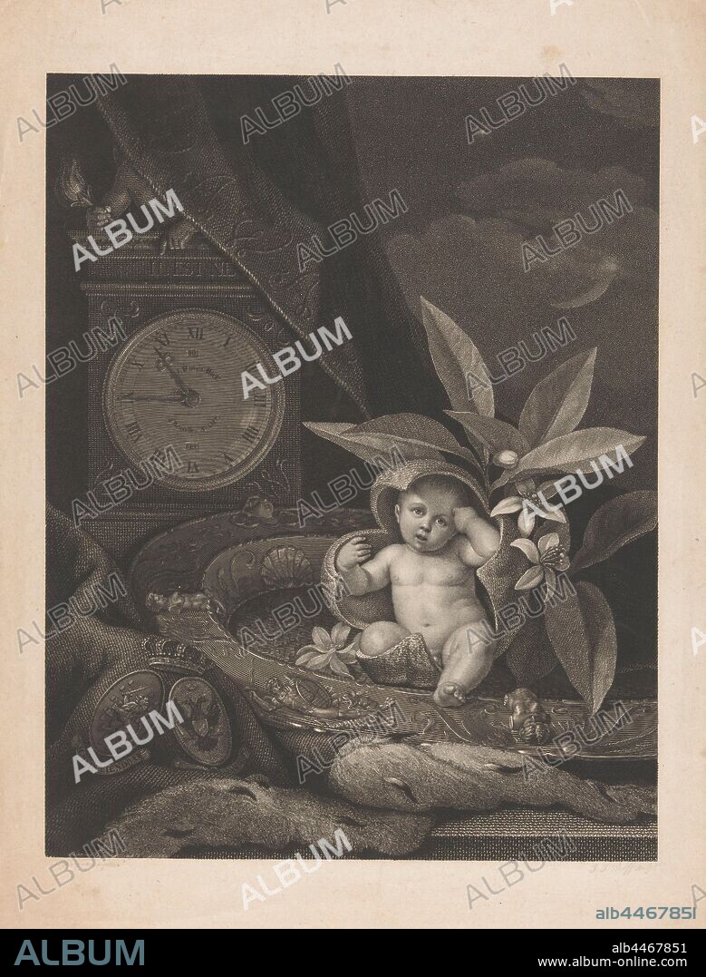 Birth of future King Willem III, 1817, Allegory of the birth of Willem Alexander Paul Frederik Lodewijk, the prince of Orange (later King William III), op 19 February 1817. A child crawls out of the burst shell of an orange apple, the fruit of an orange, and is decorated in a flat dish with symbolic figures, with the arms of the Netherlands and Prussia on the left. Back left a clock with the text: Il est né. On the right a night sky, infant, baby, clock, fruits: orange, Willem III (king of the Netherlands), Joannes Josephus Wolff (mentioned on object), Netherlands, paper, engraving, h 466 mm × w 350 mm.
