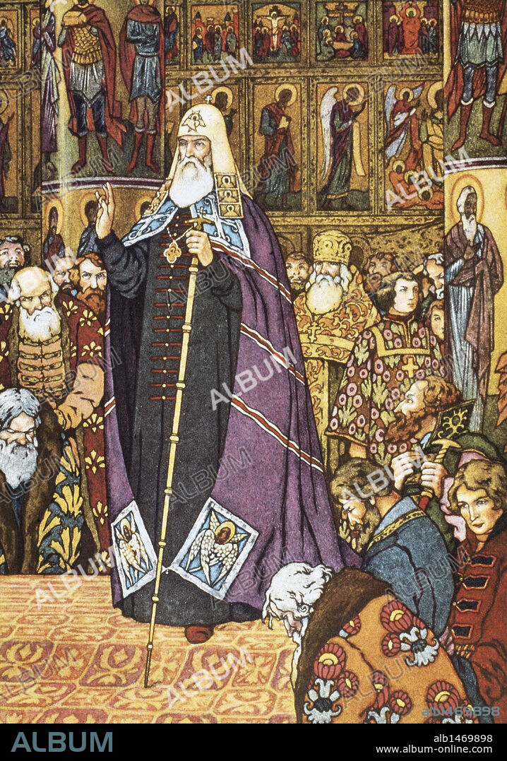 Alexander Pushkin (1799-1837). Russian author of the Romantic era. Boris Godunov, 1825, drama. Patriarch. Illustration by Boris Zworykine. Pari_s, 1927.