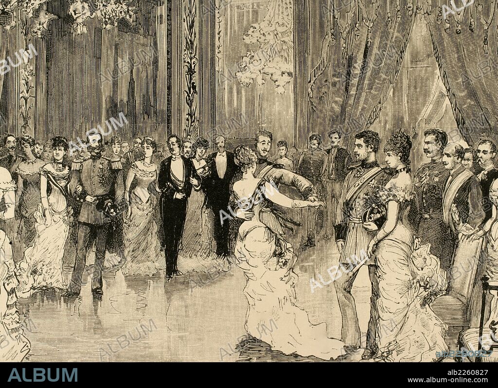 Prince Ludwig Ferdinand of Bavaria (1859-1949) and Infanta Maria da Paz of Spain (1862-1946). Engraving: Royal Palace of Madrid. The dance in honor of the newlyweds. La Ilustracion Espanola y Americana, 1883.