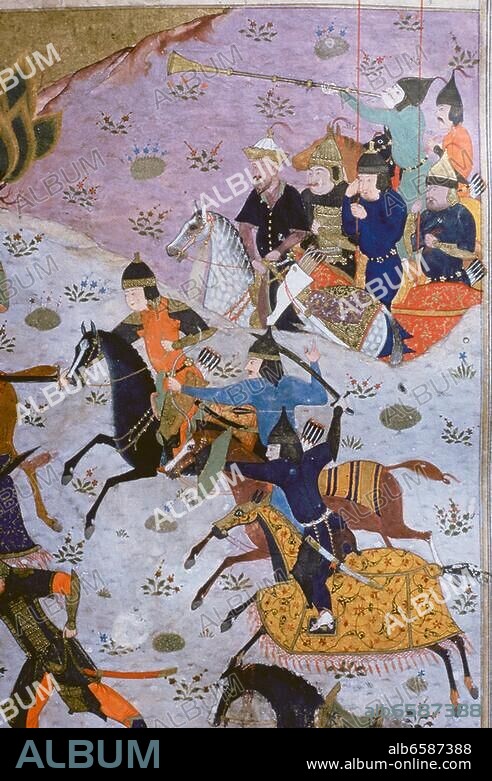 Timur, (Timur Lenk, Timur-i-Long, Tamerlan); Asian conqueror of Turco-Mongol descent; founder of the Timurid dynasty in Persia and Transoxiana; Kesh (Chagatai Khanate) 8.4.1336 - Otrar near Shymkent 19.1.1405. Timur enters Samarkand with his troops. Detail. Persian miniature, 1486. Illustration of the Zafarnama (Book of Victory / History of Timur) by the Persian historian Sharaf ad-Din Ali Yazdi (died 1454). Gouache on paper. Ms. 1964. Istanbul, Museum of Turkish Art.