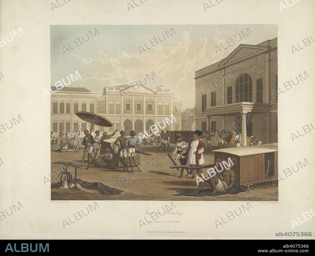 ROBERT MELVILLE GRINDLAY. Scene in Bombay. The main buildings are the offices of the Governor's Secretary and the Sudder Adalat, or Court of Appeal. On the right is the theatre. The figure in the centre is a Parsi merchant.  . Scenery, Costumes and Architecture chiefly on the Western Side of India. 1826. Coloured aquatint. Source: X400(1). Language: English.