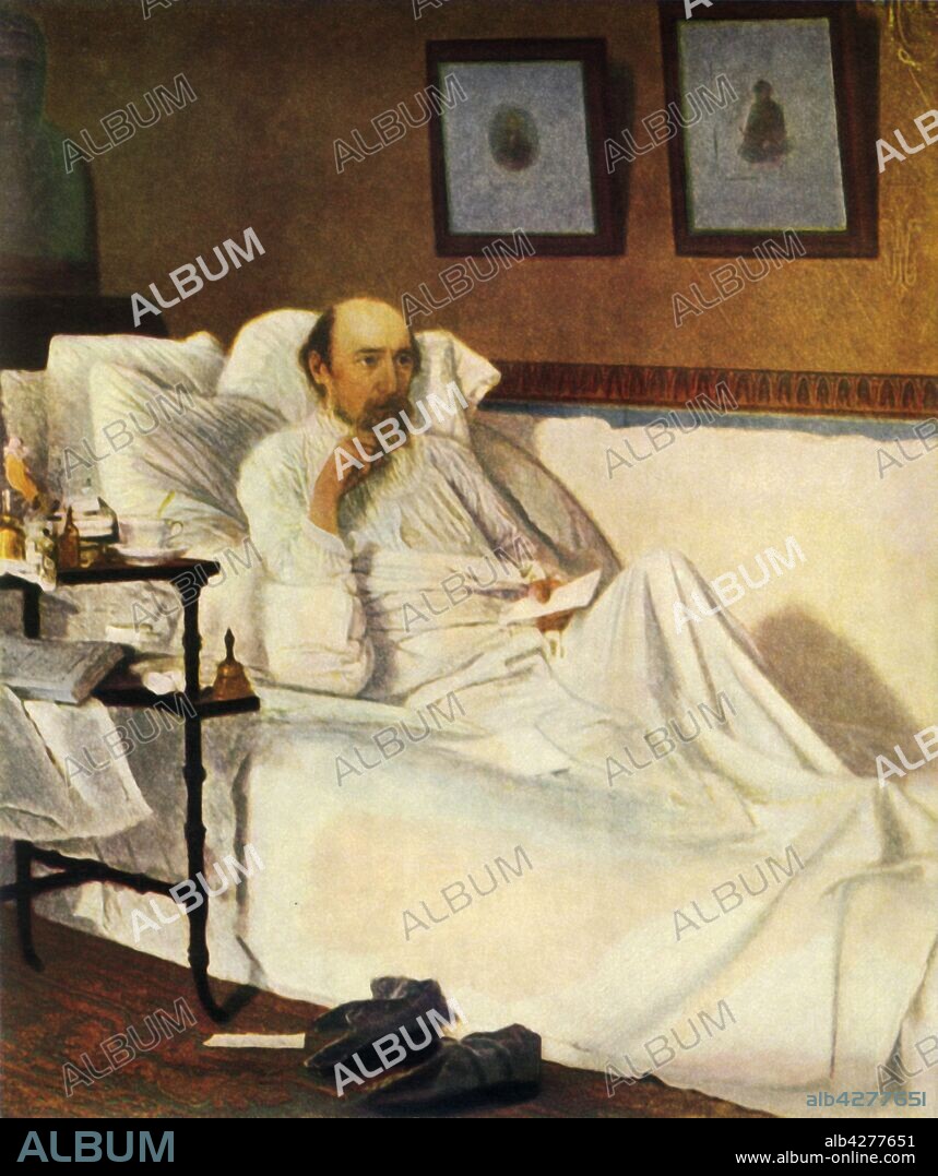 IVAN KRAMSKOY. 'Portrait of Nekrasov', 1965. Russian poet and publisher Nikolay Nekrasov (1821-1877) writing the "Last Songs" while seriously ill. Nekrasov's poems about Russian peasant life gained him popularity in the liberal intelligentsia. His funeral was attended by 4,000 people. Painting in the State Tretyakov Gallery, Moscow. From "Russian Painting of the 18th and 19th Centuries" by Vladimir Fiala. [Artia, Czechoslovakia, 1965].