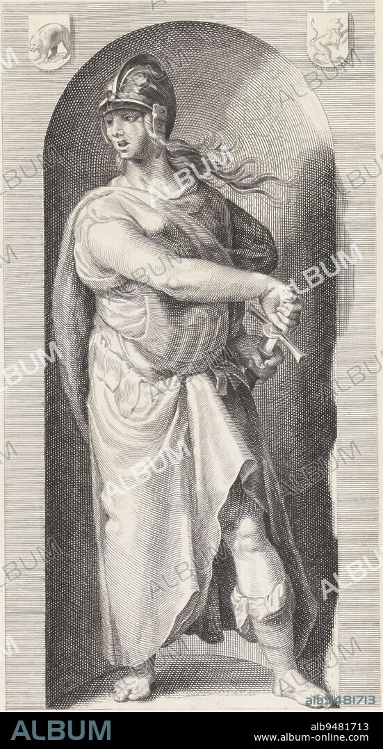 Personification of Wrath (Ira) in a niche, drawing her sword. She is flanked by a crest with a lion and a crest with a bear, Toorn, print maker: Christiaan Lodewijk van Kesteren, intermediary draughtsman: Hendrick Goltzius, 1842 - 1897, paper, etching, engraving, h 392 mm × w 250 mm.