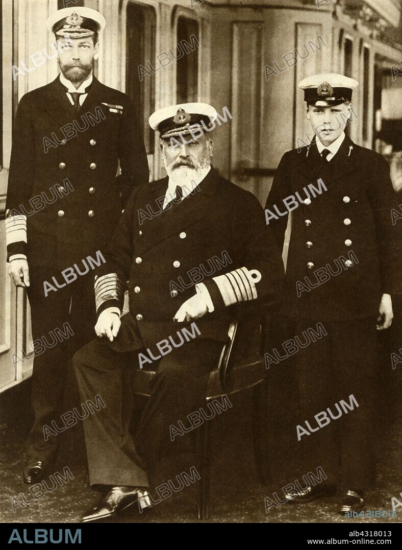 King Edward VII with his son George, Prince of Wales, and grandson Prince Edward, 1910, (1935). 'Three Generations. On May 6, 1910, Edward VII died, and his son succeeded him as King George V. This photograph was taken on board the Royal yacht shortly before Edward the Peacemaker passed on to his son the heavy responsibilities of a King'. From "The Silver Jubilee Book - The Story of 25 Eventful Years in Pictures". [Odhams Press Ltd., London, 1935].