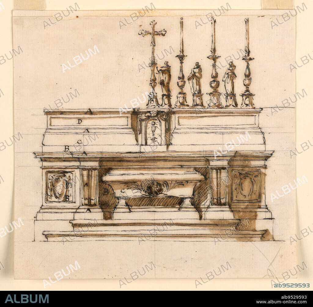 GIUSEPPE BARBERI. The sepulchrum in the shape of a sarcophagus, marked with "C", stands in the hollow "B" of the mensa. Beside are panels with a prelate's escutcheons; the left one is marked "B". The dividing console is twice marked "A". In the center of the altar furniture is the tabernacle, with the crucifix standing upon it. Beside it, at right, alternate three statuettes of saints with three candelabra. The mouldings of the furniture are marked at left from the bottom to the top: "A B C A D A". Pen and brown ink, brush and brown wash, graphite on lined off-white laid paper. Date: 1746-1809.