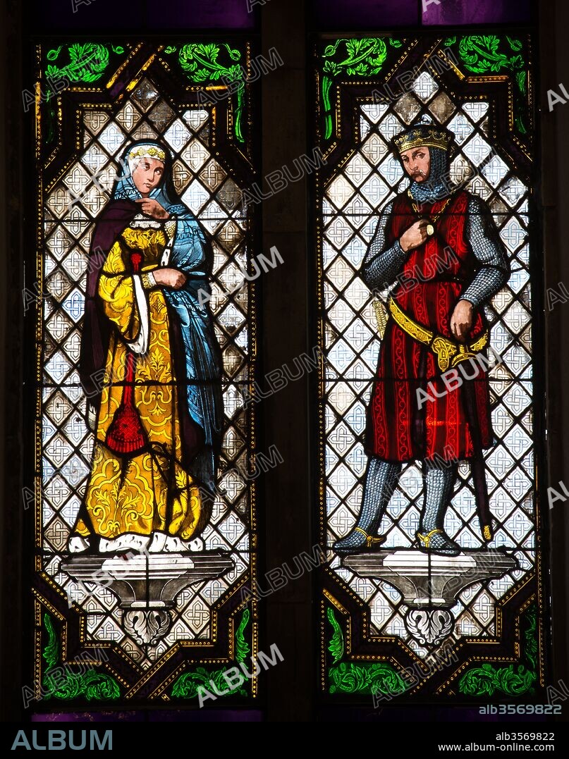JOSEP MIRABENT I GATELL, OLEGUER JUNYENT I SANS et GEORG MULLER. George Muller / Vidriera (diseño de Josep Mirabent) con la figura de Pedro II de Aragón (Pere el Catòlic) y su mujer María de Montpellier, Capilla de Santa Ágata de Barcelona.