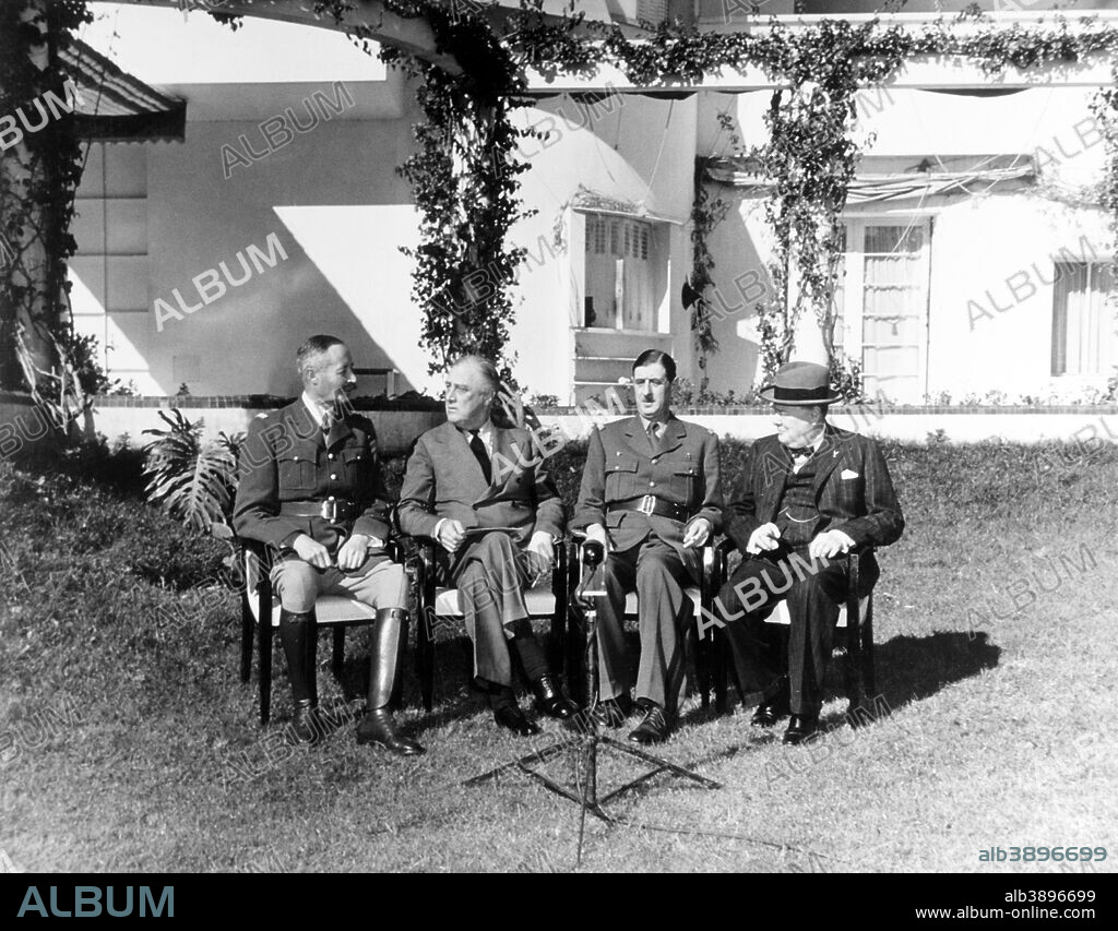 January 14-24, 1943 - Allied leaders meet with French officers at the presidential villa in Casablanca, Morocco. Present are (left to right): French General Henri H. Giraud; U.S. President Franklin D. Roosevelt; French General Charles de Gaulle; British Prime Minister Winston Churchill.