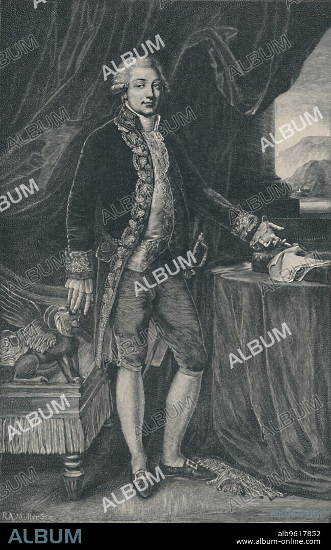 RA MULLER. 'Carlo Buonaparte - Father of Napoleon Bonaparte', 1804, (1896). Portrait of Carlo Maria Buonaparte (1746-1785), Corsican General and father of Napoleon Bonaparte, after the posthumous painting by Anne Louis Girodet Trioson made in 1804. From Life of Napoleon Bonaparte, Volume I, by William Milligan Sloane. [The Century Co., New York, 1896].