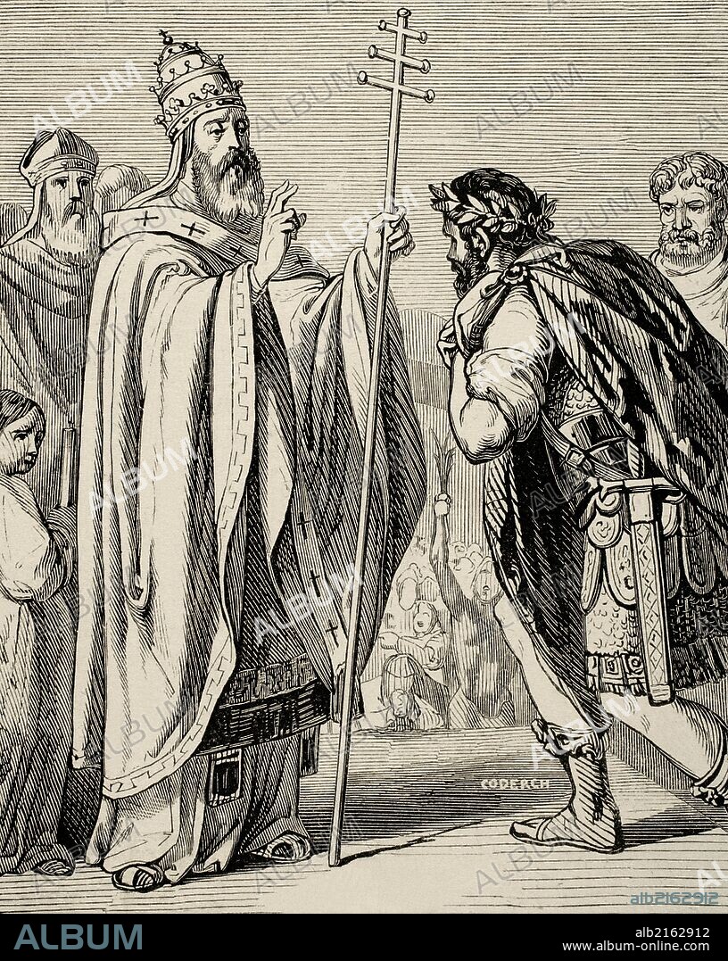 JUAN I (470-526). Papa nº 53 de la iglesia católica de 523-526. Considerado santo. Murió martirizado por orden del rey ostrogodo Teodorico el grande. Grabado de Coderch. "Año Cristianao", 1852.
