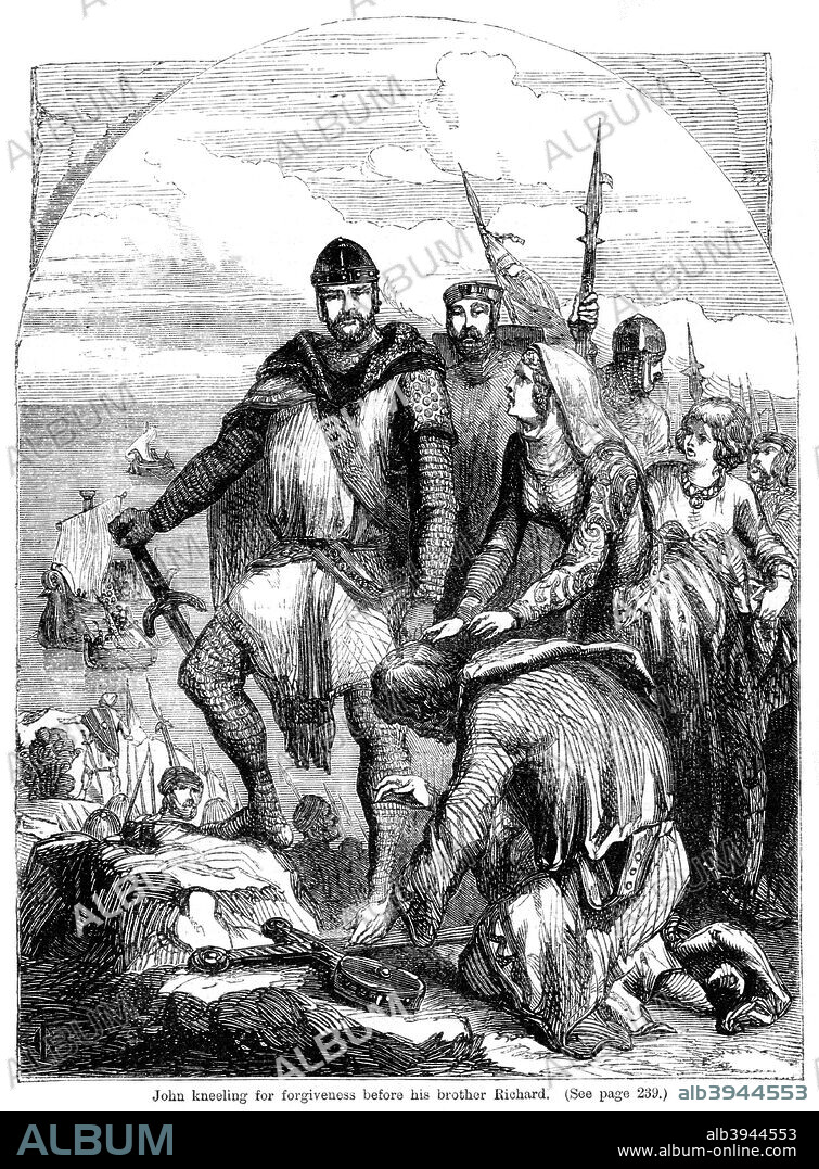 Prince John kneeling for forgiveness before his brother King Richard I. Richard (1157-1199) was King of England from 1189 to 1199. He was known as Richard the Lionheart, or C?ur de Lion, even before his accession because of his military reputation. He spent little of his reign in England, setting out on the Third Crusade in 1190, and from 1194 onwards fighting to regain territories in France. He remains one of the very few Kings of England remembered by reputation, not number. John (1167-1216) reigned as King of England from 1199 until his death in 1216. He succeeded to the throne as the younger brother of King Richard I. He was a Plantagenet (or Angevin) king. From Cassell's Illustrated History of England.