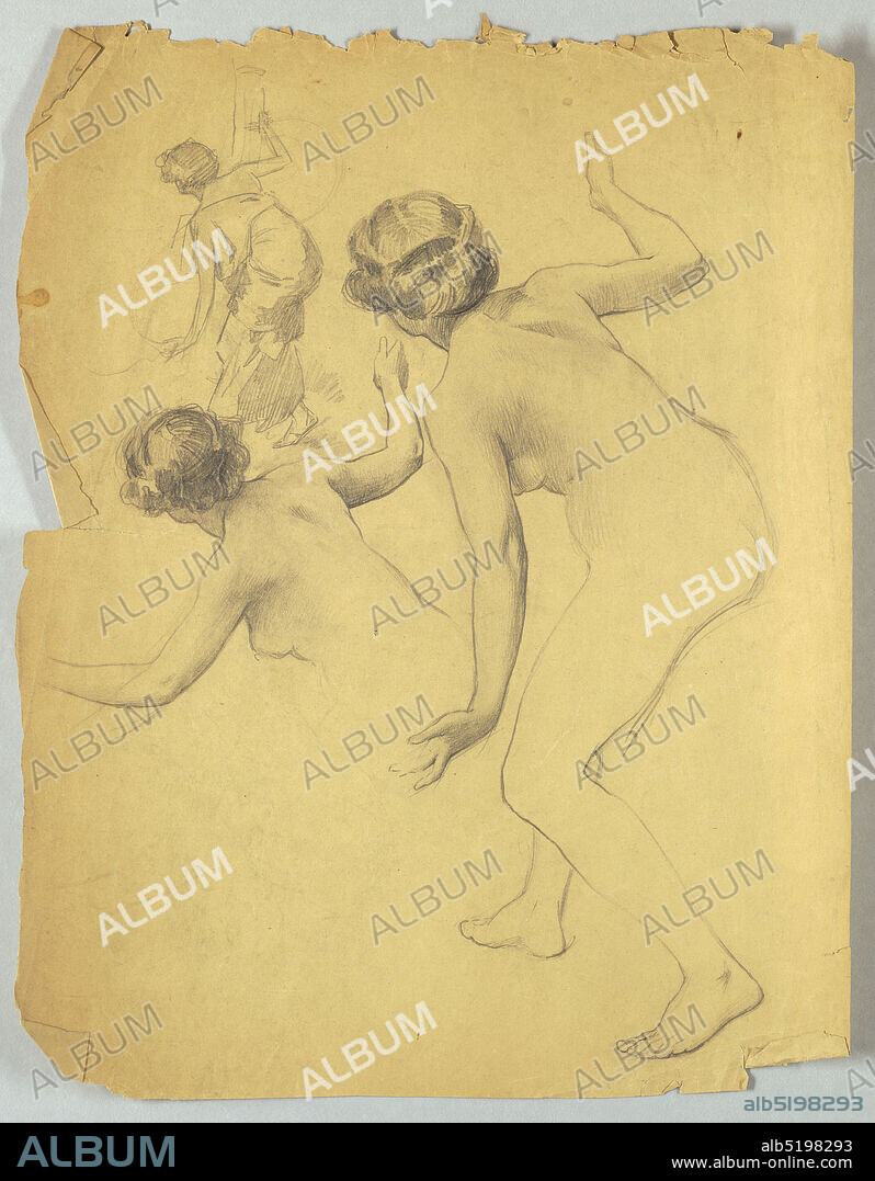 Study of Bending Nude Figure, Louis Schaettle, American, 18671917, Graphite on light brown paper, Full figure of bending female nude on right side of page; small sketch of the same pose with figure draped, upper left; lower left, portion of bending nude in same pose., USA, ca. 1900, figures, Drawing, Drawing.