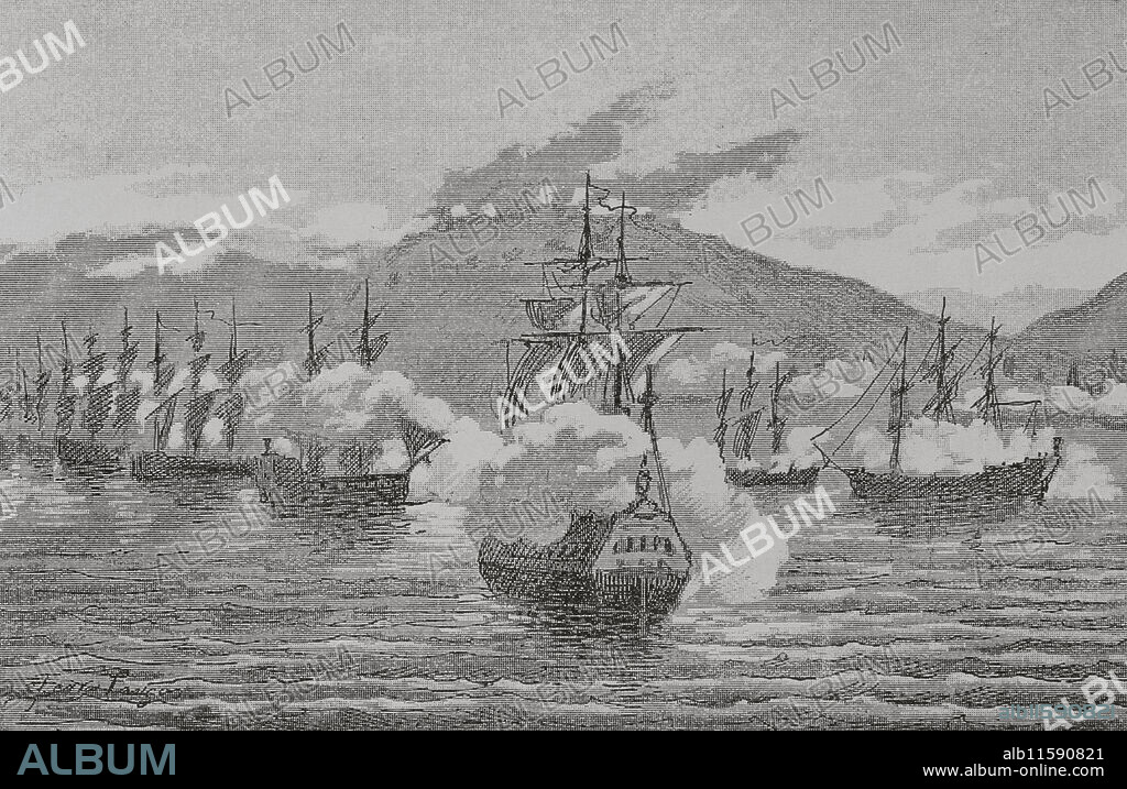 JOAN SERRA PAUSAS (ACTIVE 1861-1902). SPANISH ARTIST.. Guerra de los Nueve Años o guerra de la Liga de Augsburgo (1688-1697). Conflicto bélico que enfrentó a Francia contra la Liga de Augsburgo. La escuadra francesa bombardeó la ciudad de Barcelona durante los días 11 y 12 de julio de 1691. Bombardeo de Barcelona por la escuadra francesa. Ilustración por Serra Pausas. "Glorias Españolas". Tomo IV. Editada en Barcelona, 1890.
