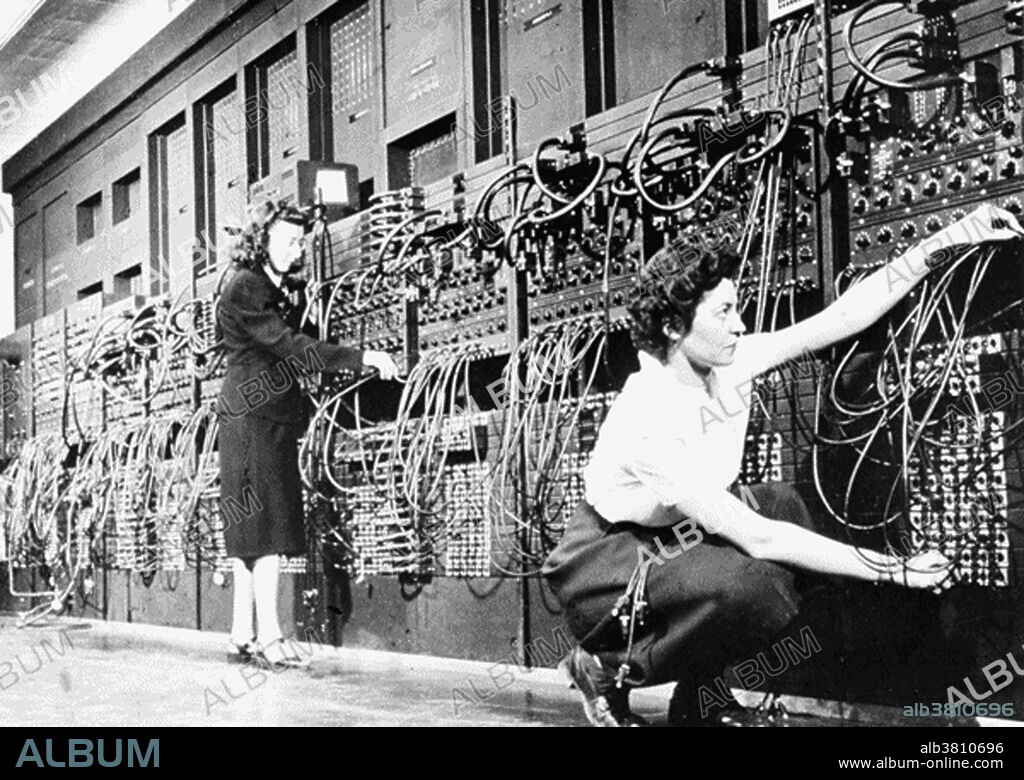 Female technicians connecting the wiring of the ENIAC, circa 1943-46. ENIAC (Electronic Numerical Integrator And Computer) was the first electronic general-purpose computer. It was Turing-complete, digital, and capable of being reprogrammed to solve a full range of computing problems. ENIAC's design and construction was financed by the United States Army during World War II. The construction contract was signed in 1943, and work on the computer began in secret by the University of Pennsylvania's Moore School of Electrical Engineering starting the following month under the code name "Project PX" and was completed in 1946. It cost $400,000, used 18,000 radio tubes, and was housed in a 30-foot-by-50-foot room.