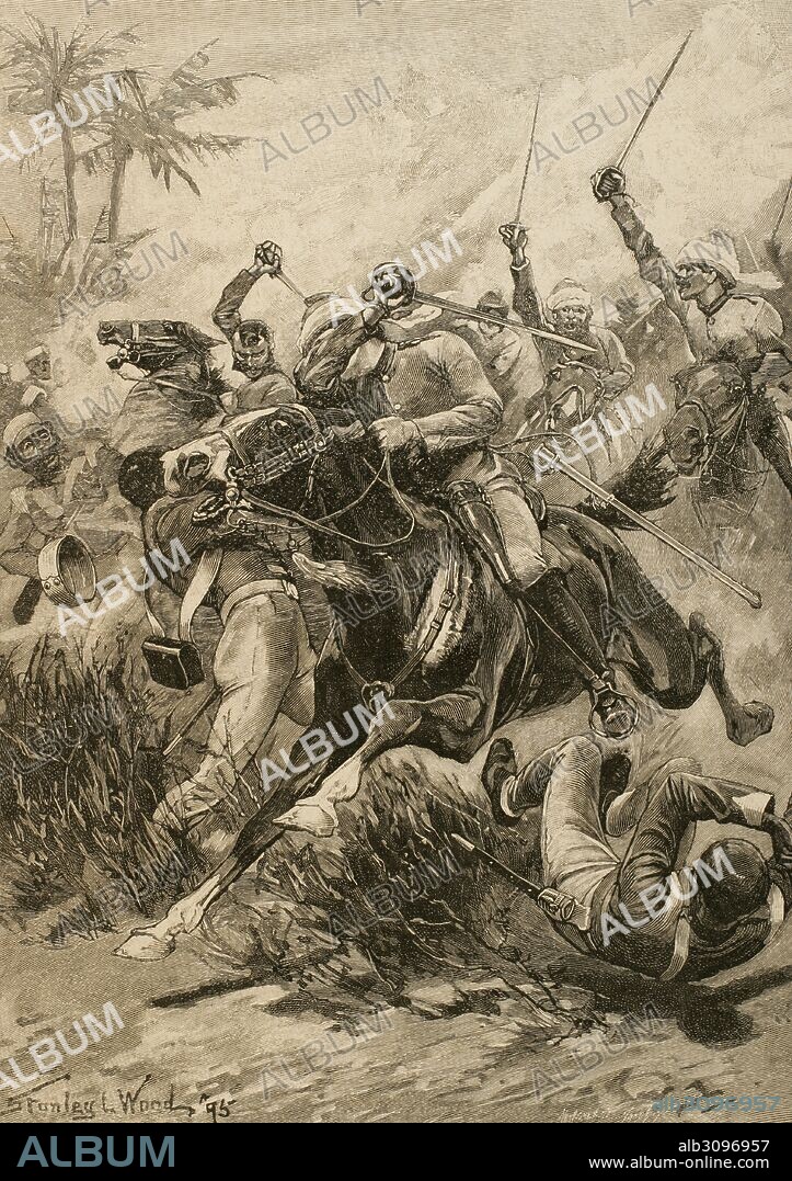 HISTORIA DE LA INDIA. REBELION DE LOS CIPAYOS (1857). Revolución india que estalló como reacción contra la política colonial británica. En 1857 se sublevaron los cipayos, soldados indígenas al servicio inglés, lo que privó de toda autoridad a la Compañía de las Indias Orientales (1858). "CARGA DE CABALLERIA INGLESA EN LUCKNOW" (1857). Dibujo de Stanley L. Wood. La Ilustración Ibérica, 1898.