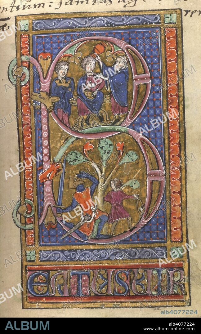 ATELIER OF THE VIENNA MORALIZED BIBLES. Historiated initial 'B'(eatus) with the annointing of David and David and Goliath. Psalter (the 'Suneson Psalter'), for Danish use, with calendar, prayers and litany. France, Central (Paris); 2nd or 3rd quarter of the 13th century. The text is profusely ornamented with illuminated initial letters and finials; a miniature stands at the beginning of the Psalms, and this is preceded by eight leaves containing miniatures of scenes from the Life of Christ. In the calendar have been entered obits of royal and other personages of Scandinavian origin. Source: Egerton 2652 f.15. Language: Latin.