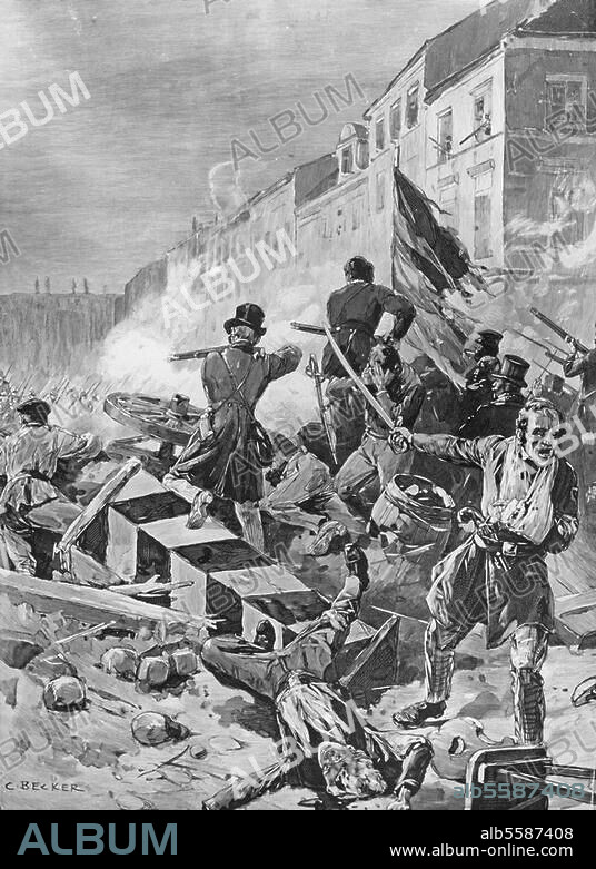 Revolution 1848/49: Straßenkämpfe in Berlin am 18./19. März 1848. Barrikadenkämpfe in der Breiten Straße am 18. März 1848. (Bürger und Arbeiter verteidigen gemeinsam die Barrikade gegen die anrückenden Garden). Holzstich, um 1890, nach Zeichnung von Carl Becker (1820-1900). 31,5 × 23 cm. Berlin, Sammlung Archiv für Kunst und Geschichte.