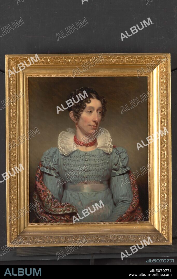 painting, Charles Howard Hodges, 1821, canvas, oil paint, painted, Carrier: 72.5 × 59.5 × 2cm (725 × 595 × 20mm), With frame: 91.7 × 78.8 × 10cm (917 × 788 × 100mm), woman's portrait, Portrait of woman: Alida Gerbade, at the age of 43. She is depicted as a half-figure, head turned half way to the right and looking to the right. She is wearing a light blue frock with a white collar, a red coral necklace and a slipped Kashmir scarf. Not signed. The painting is in a gilded wooden frame, 1938.