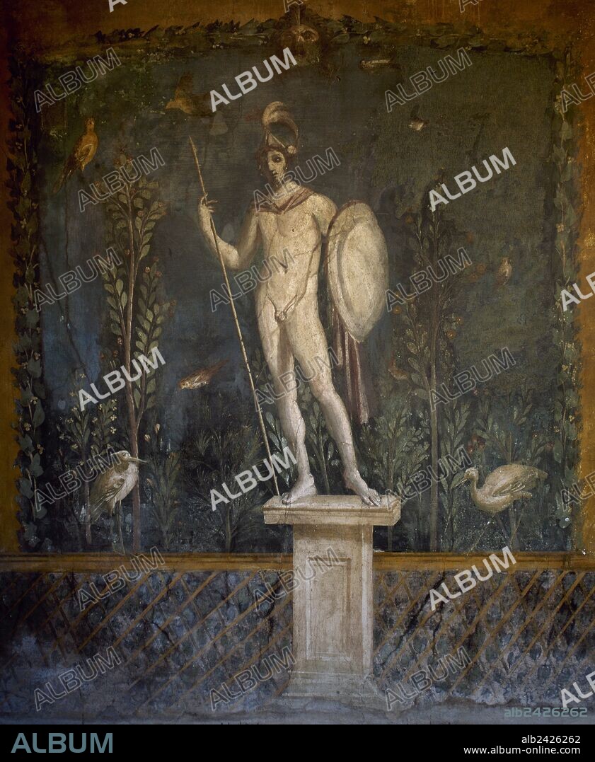 MARTE (el "ARES" griego). Dios de la guerra. Fresco pompeyano del siglo I d. C. donde se representa a MARTE CON LAS ARMAS Y CASCO. Decoraba los muros del jardín de la "CASA DE VENUS". POMPEYA. La Campania. Italia.