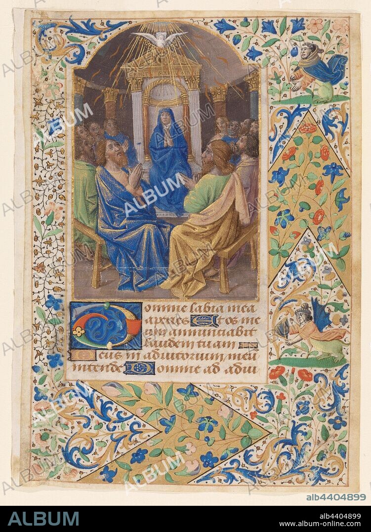 French: The Pentecost or Descent of the Holy Spirit, from a Book of Hours, Jean Bourdichon, French, 1470–1480, Tempera, granular gold paint, inscribed brown ink, pen and ink, and gilding on parchment, Overall: 5 11/16 x 4 in. (14.4 x 10.2 cm).